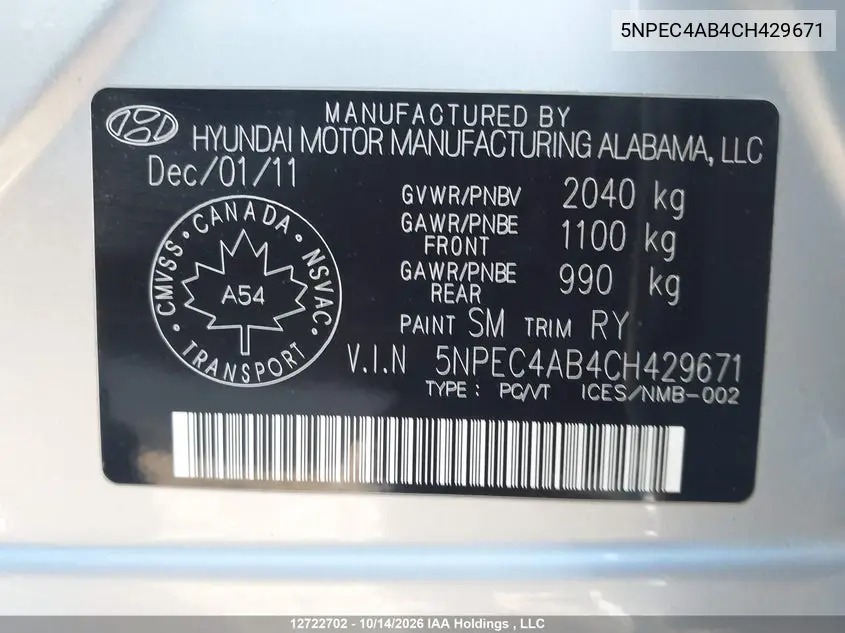 2012 HYUNDAI SONATA VIN 5NPEC4AB4CH429671 — фото 9