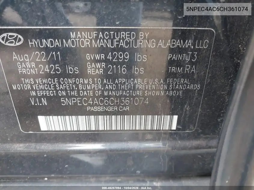 2012 HYUNDAI SONATA VIN 5NPEC4AC6CH361074 — фото 9
