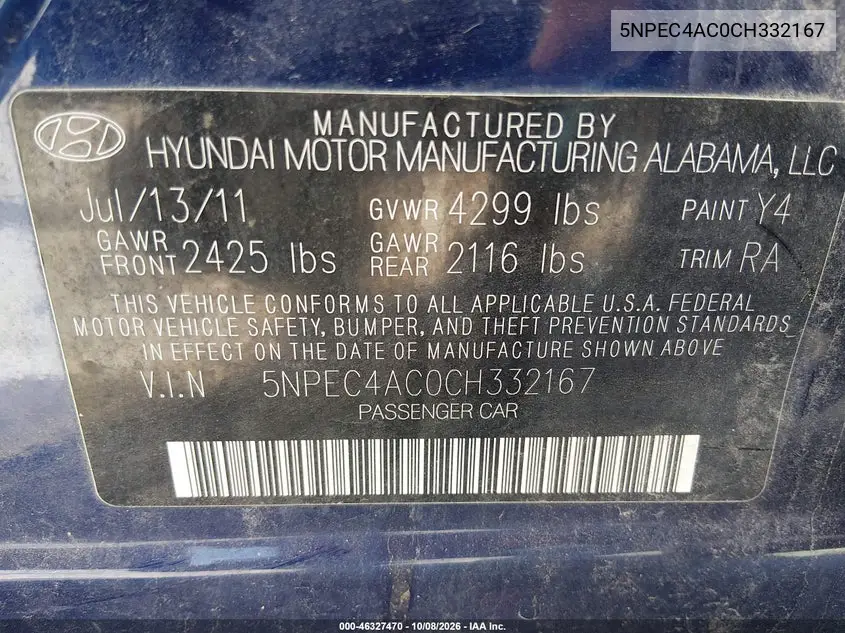 2012 HYUNDAI SONATA VIN 5NPEC4AC0CH332167 — фото 9