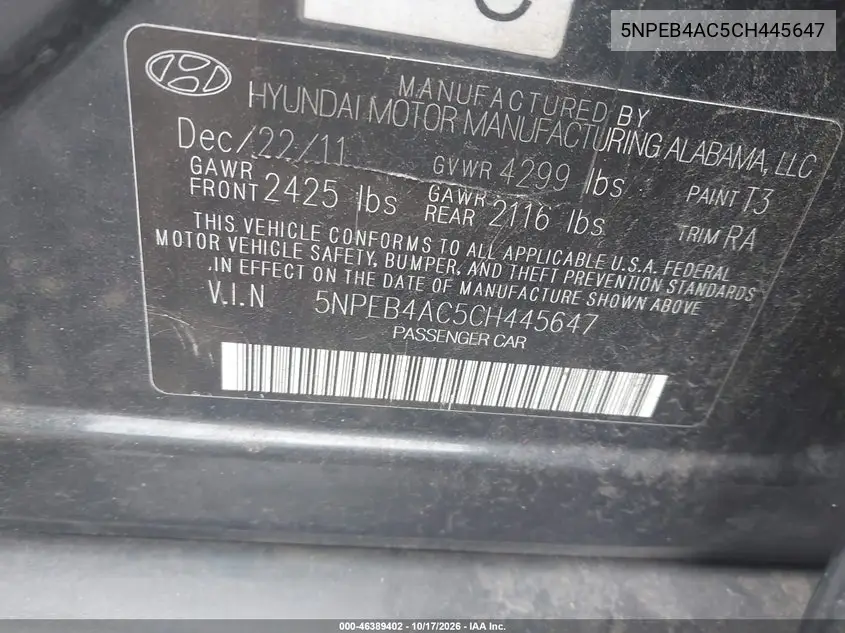 2012 HYUNDAI SONATA VIN 5NPEB4AC5CH445647 — фото 9