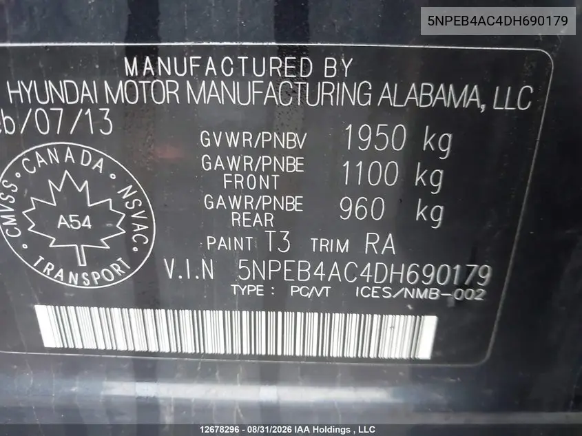 2013 HYUNDAI SONATA VIN 5NPEB4AC4DH690179 — фото 9
