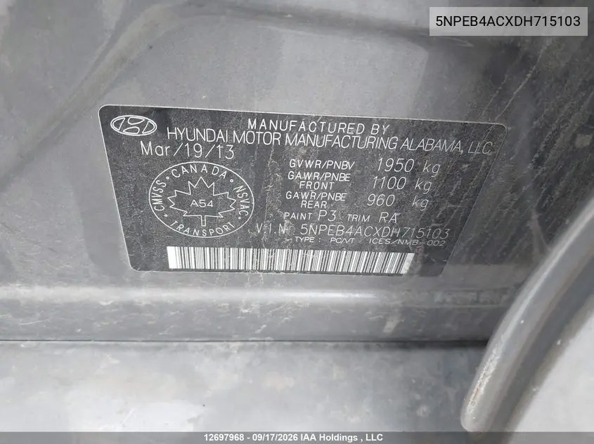 2013 HYUNDAI SONATA VIN 5NPEB4ACXDH715103 — фото 9