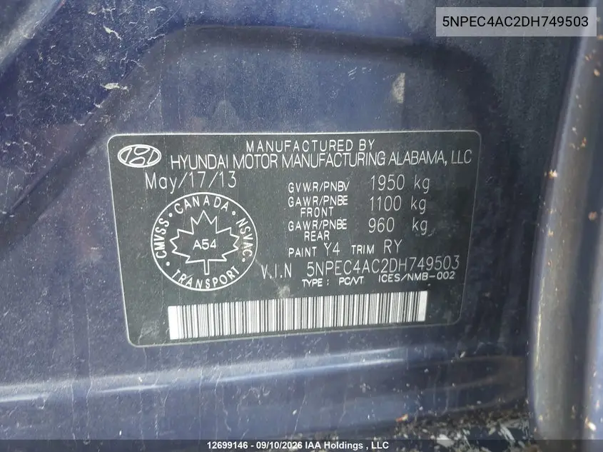 2013 HYUNDAI SONATA VIN 5NPEC4AC2DH749503 — фото 9
