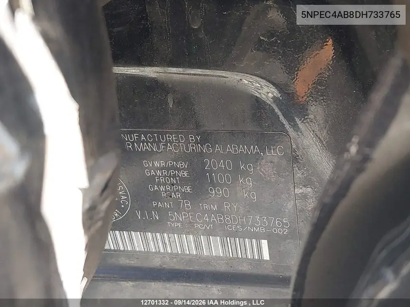 2013 HYUNDAI SONATA VIN 5NPEC4AB8DH733765 — фото 9