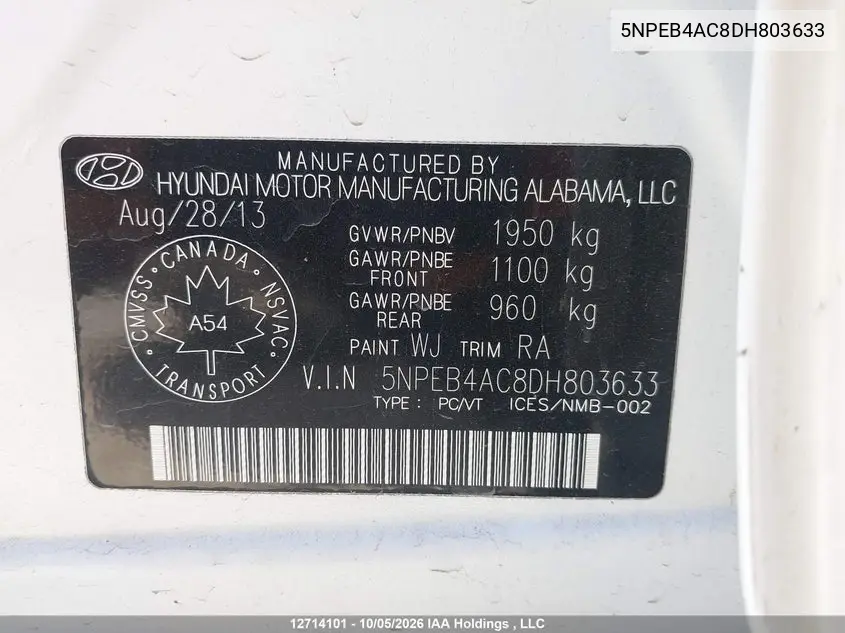 2013 HYUNDAI SONATA VIN 5NPEB4AC8DH803633 — фото 9
