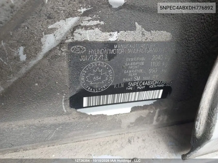 2013 HYUNDAI SONATA VIN 5NPEC4ABXDH776892 — фото 9