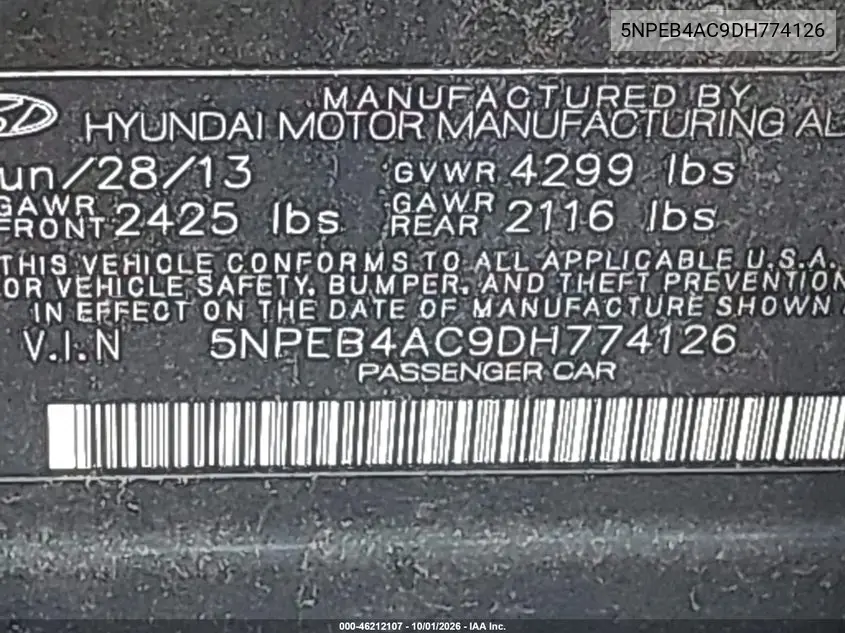 2013 HYUNDAI SONATA VIN 5NPEB4AC9DH774126 — фото 9