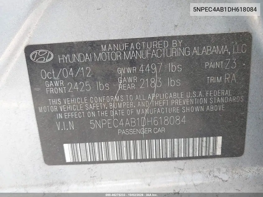 2013 HYUNDAI SONATA VIN 5NPEC4AB1DH618084 — фото 9