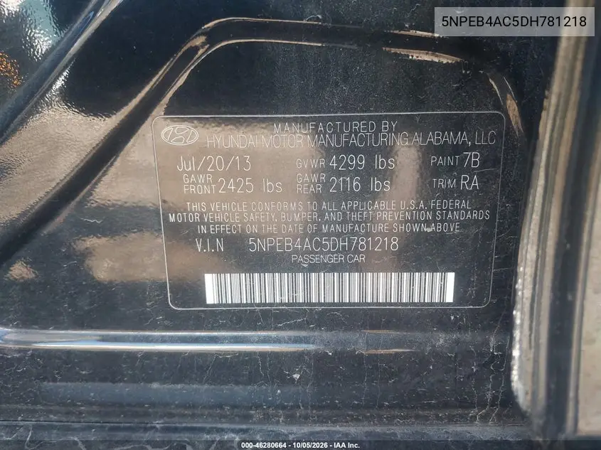 2013 HYUNDAI SONATA VIN 5NPEB4AC5DH781218 — фото 9