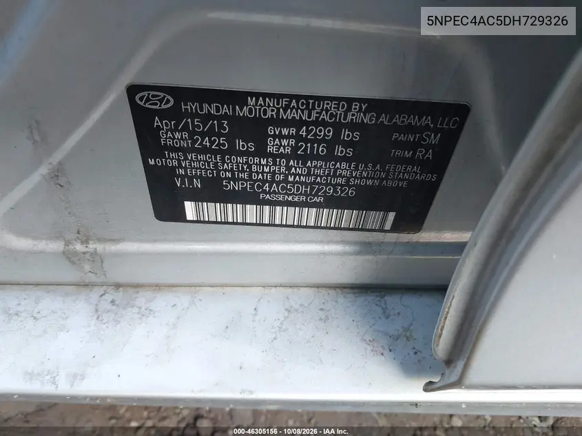 2013 HYUNDAI SONATA VIN 5NPEC4AC5DH729326 — фото 9