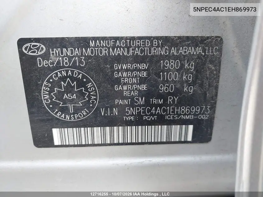 2014 HYUNDAI SONATA VIN 5NPEC4AC1EH869973 — фото 9