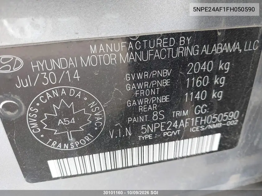 2015 HYUNDAI SONATA VIN 5NPE24AF1FH050590 — фото 9