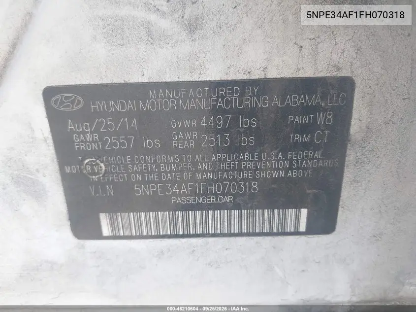 2015 HYUNDAI SONATA VIN 5NPE34AF1FH070318 — фото 9