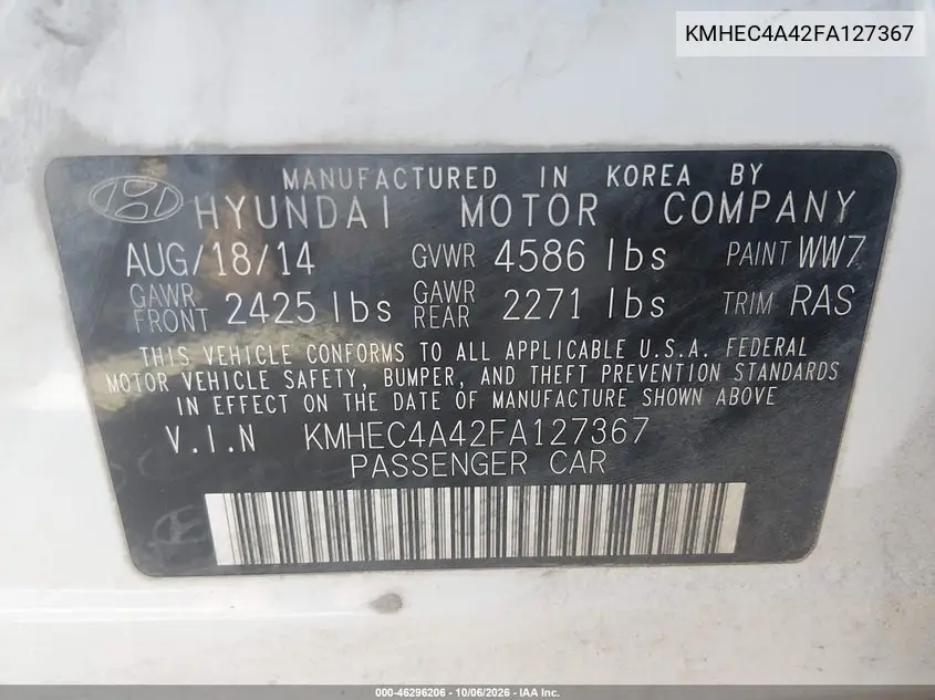2015 HYUNDAI SONATA VIN KMHEC4A42FA127367 — фото 9