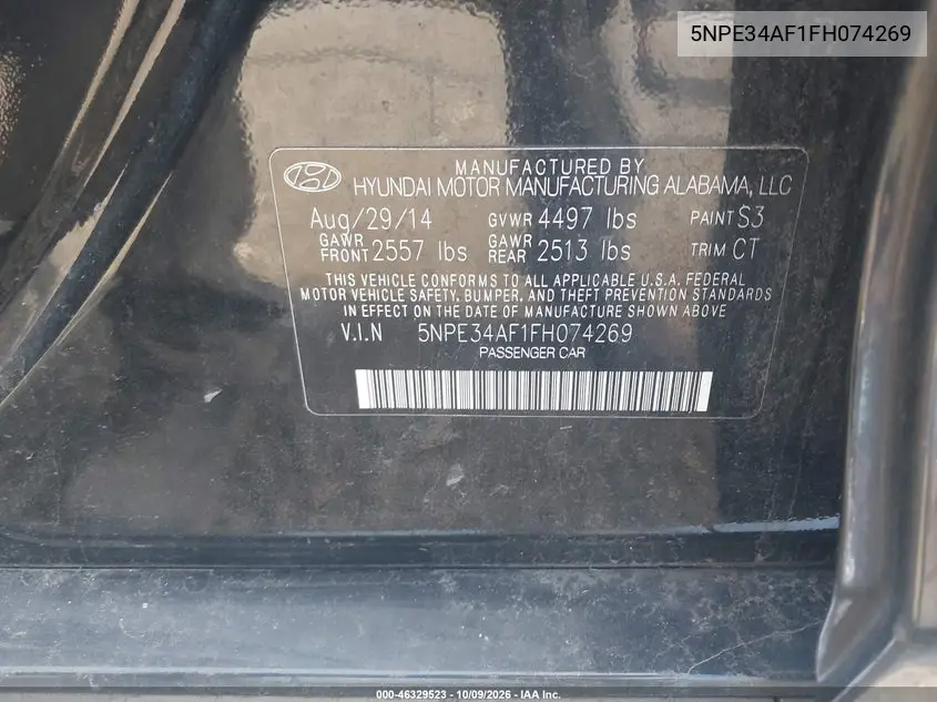 2015 HYUNDAI SONATA VIN 5NPE34AF1FH074269 — фото 9