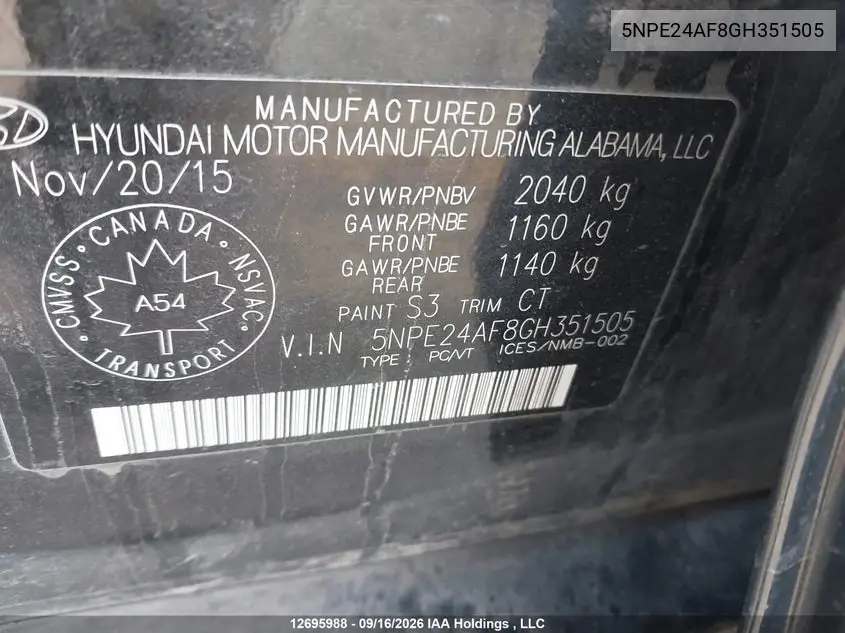 2016 HYUNDAI SONATA VIN 5NPE24AF8GH351505 — фото 18