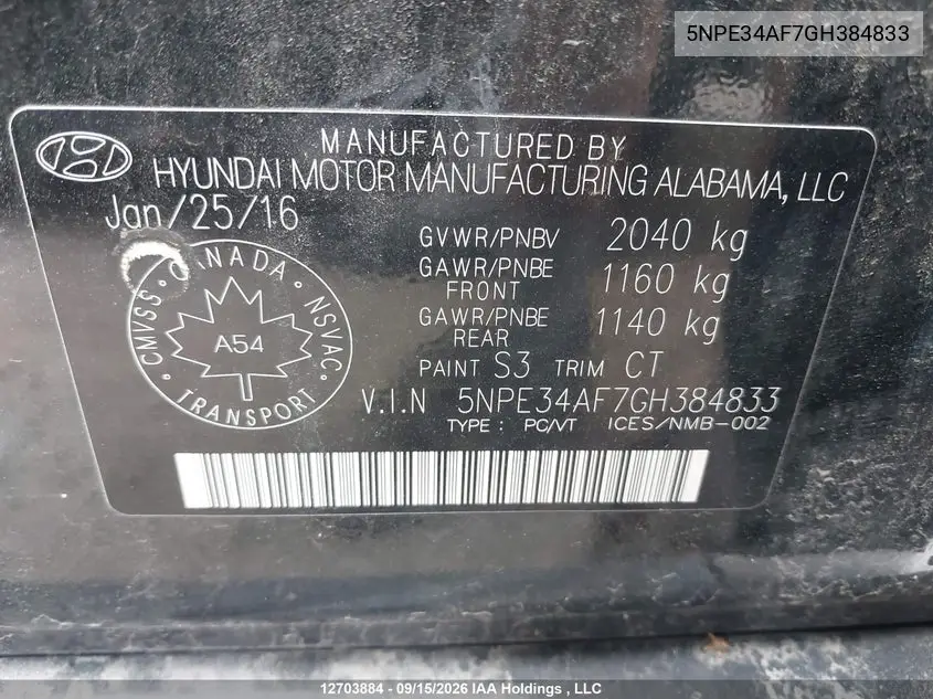 2016 HYUNDAI SONATA VIN 5NPE34AF7GH384833 — фото 9