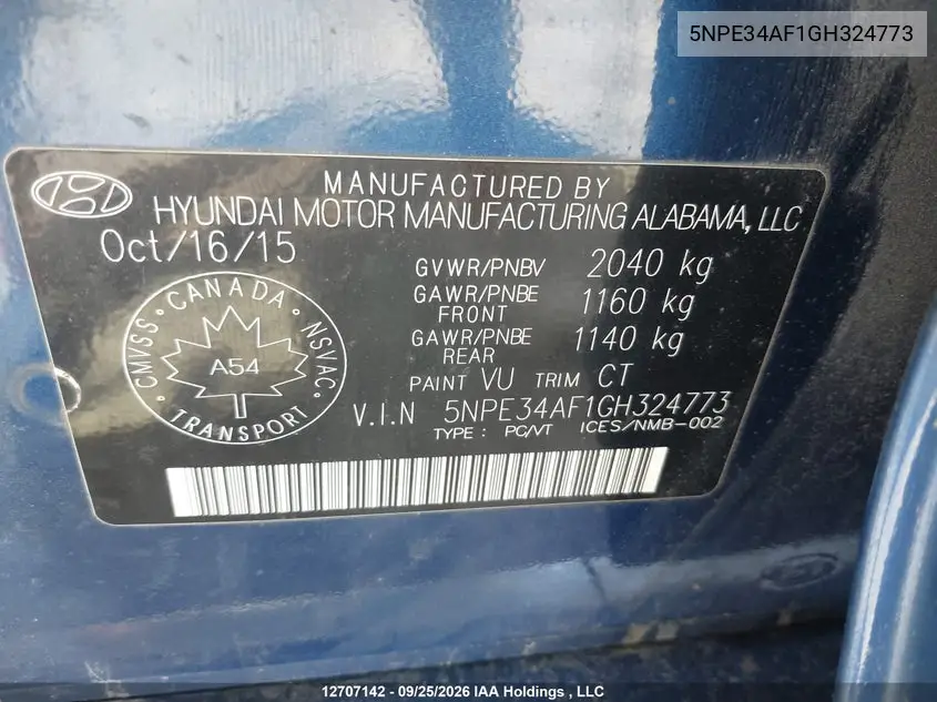 2016 HYUNDAI SONATA VIN 5NPE34AF1GH324773 — фото 9