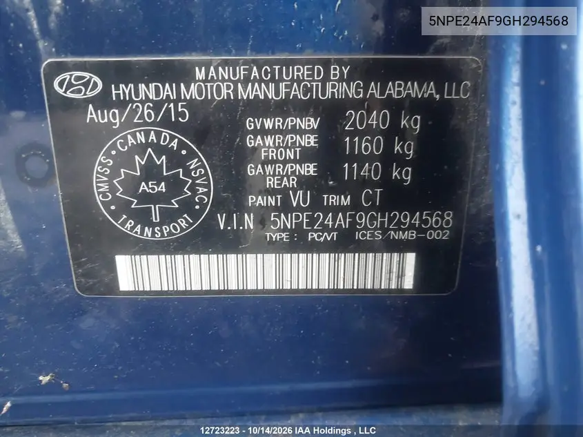 2016 HYUNDAI SONATA VIN 5NPE24AF9GH294568 — фото 9