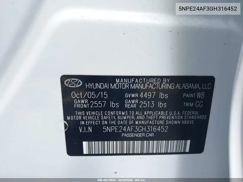 2016 HYUNDAI SONATA VIN 5NPE24AF3GH316452 — фото 9