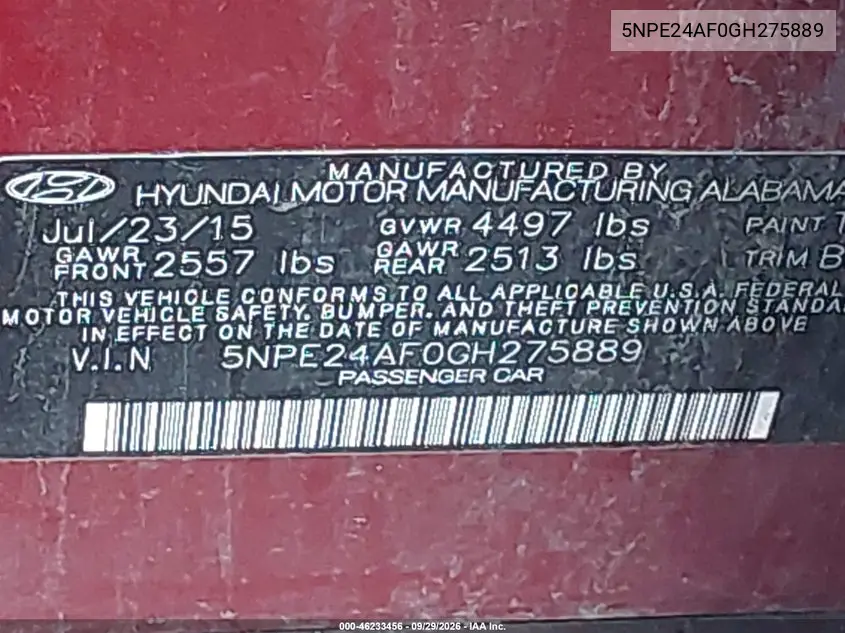 2016 HYUNDAI SONATA VIN 5NPE24AF0GH275889 — фото 9