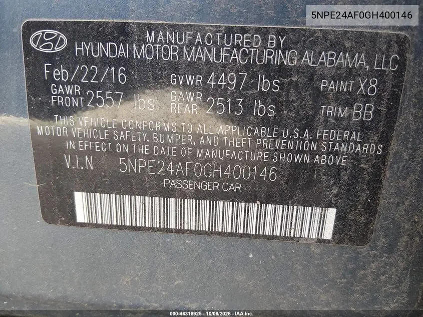 2016 HYUNDAI SONATA VIN 5NPE24AF0GH400146 — фото 9