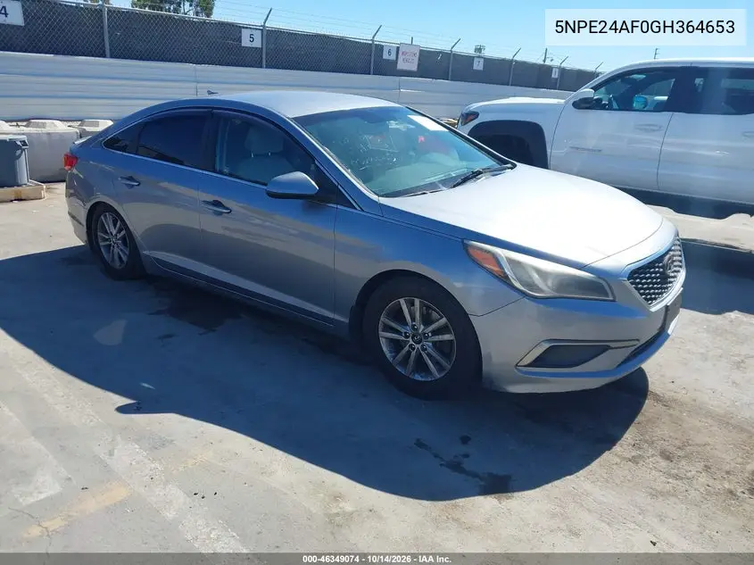 HYUNDAI SONATA 2016, VIN 5NPE24AF0GH364653
