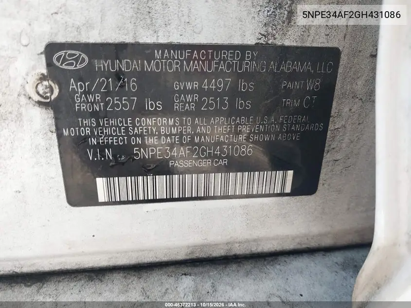 2016 HYUNDAI SONATA VIN 5NPE34AF2GH431086 — фото 8