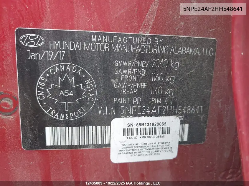 2017 HYUNDAI SONATA VIN 5NPE24AF2HH548641 — фото 9