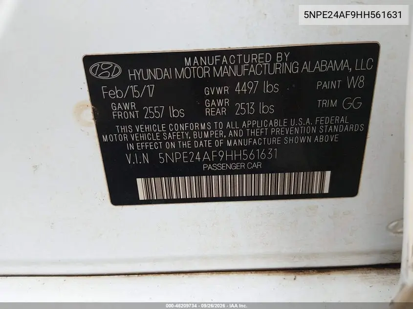 2017 HYUNDAI SONATA VIN 5NPE24AF9HH561631 — фото 9