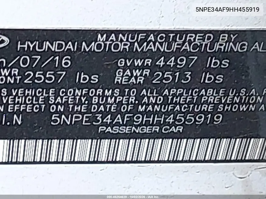2017 HYUNDAI SONATA VIN 5NPE34AF9HH455919 — фото 9