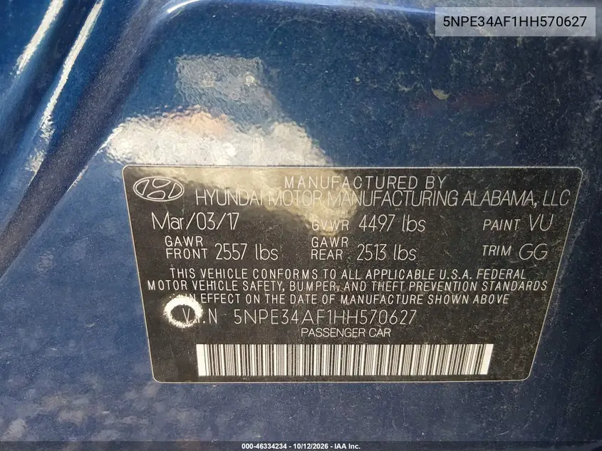 2017 HYUNDAI SONATA VIN 5NPE34AF1HH570627 — фото 9
