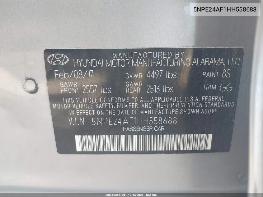2017 HYUNDAI SONATA VIN 5NPE24AF1HH558688 — фото 9