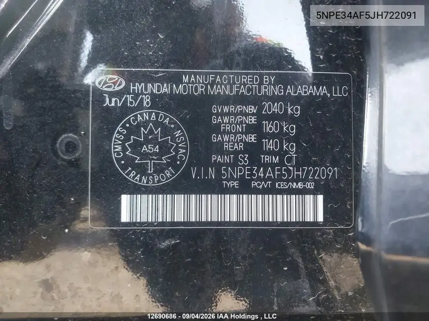 2018 HYUNDAI SONATA VIN 5NPE34AF5JH722091 — фото 20