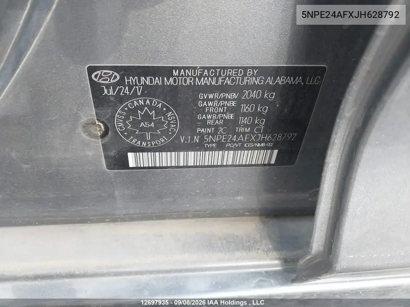 2018 HYUNDAI SONATA VIN 5NPE24AFXJH628792 — фото 9