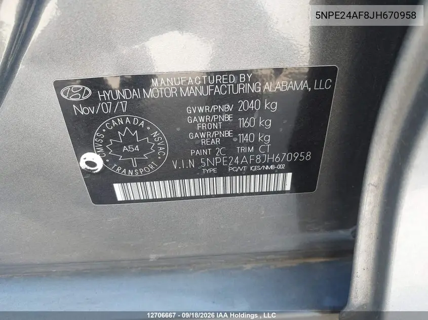 2018 HYUNDAI SONATA VIN 5NPE24AF8JH670958 — фото 20