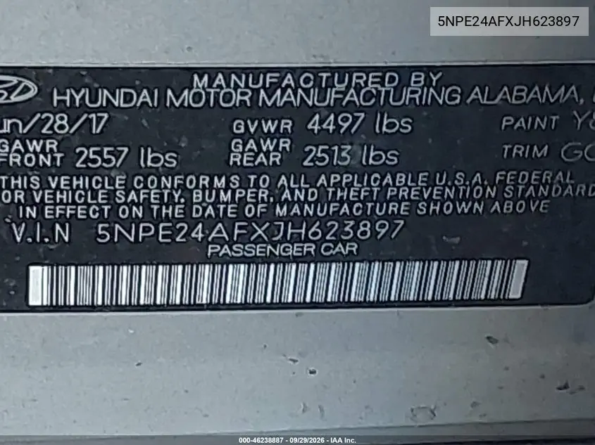 2018 HYUNDAI SONATA VIN 5NPE24AFXJH623897 — фото 9