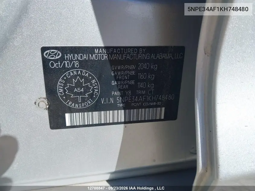 2019 HYUNDAI SONATA VIN 5NPE34AF1KH748480 — фото 9