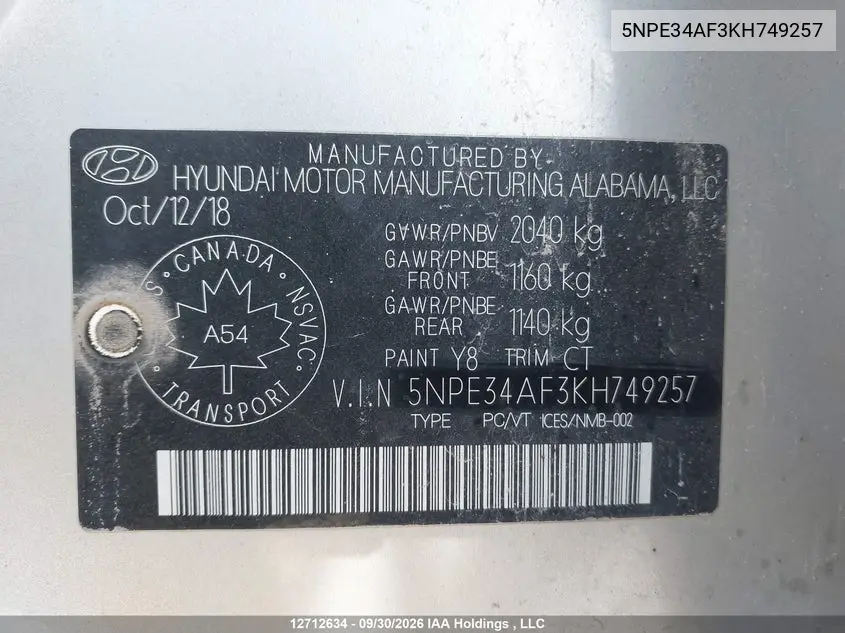 2019 HYUNDAI SONATA VIN 5NPE34AF3KH749257 — фото 18