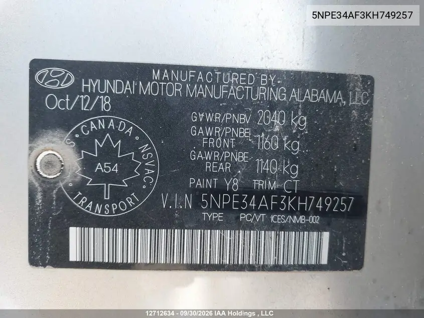 2019 HYUNDAI SONATA VIN 5NPE34AF3KH749257 — фото 9