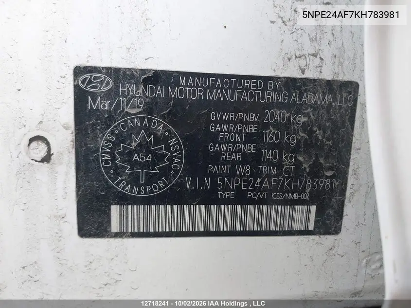 2019 HYUNDAI SONATA VIN 5NPE24AF7KH783981 — фото 9