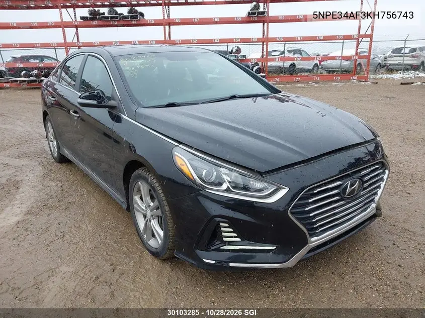 HYUNDAI SONATA 2019, VIN 5NPE34AF3KH756743