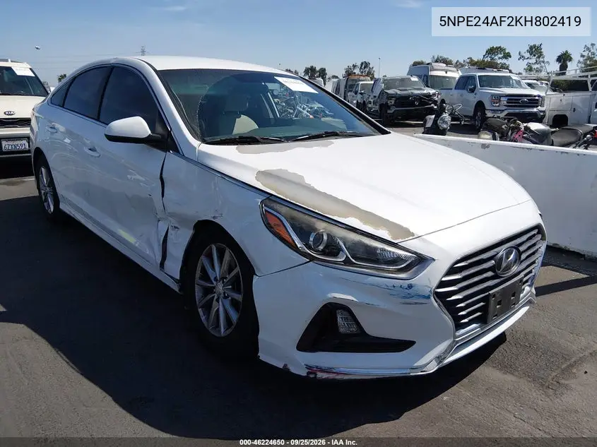 HYUNDAI SONATA 2019, VIN 5NPE24AF2KH802419