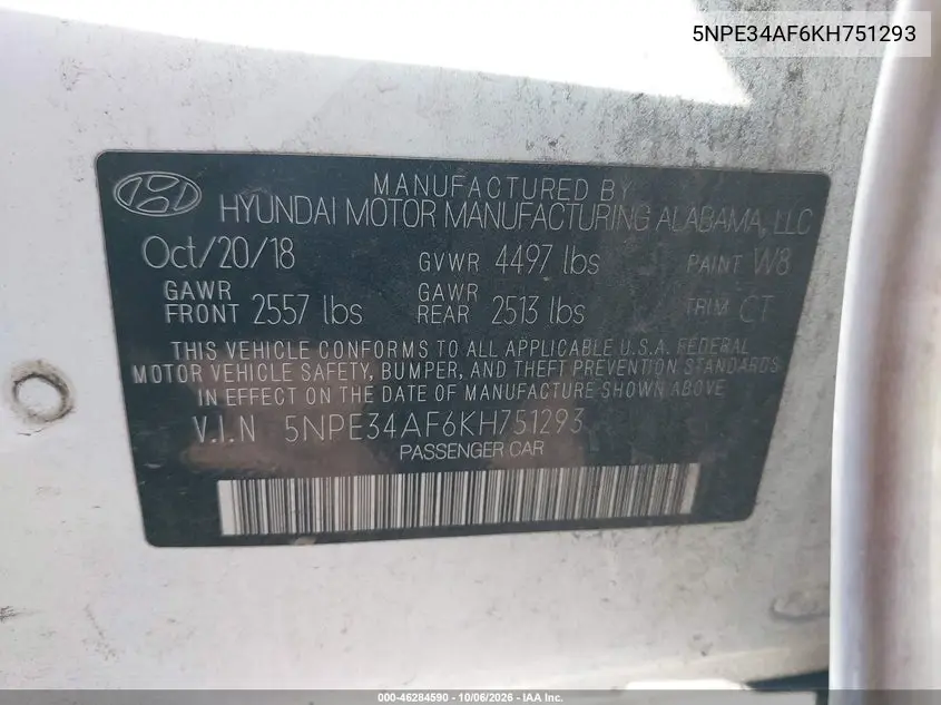2019 HYUNDAI SONATA VIN 5NPE34AF6KH751293 — фото 9