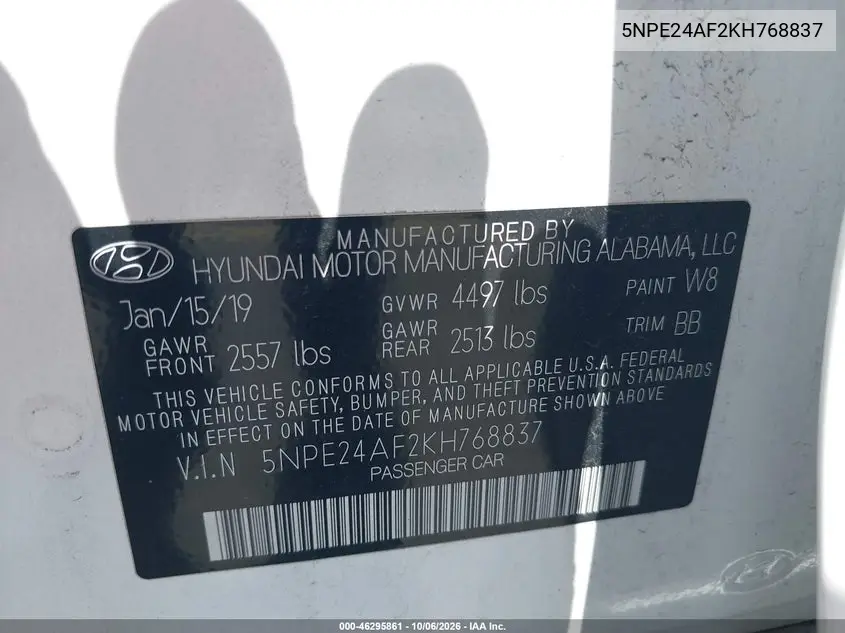 2019 HYUNDAI SONATA VIN 5NPE24AF2KH768837 — фото 9