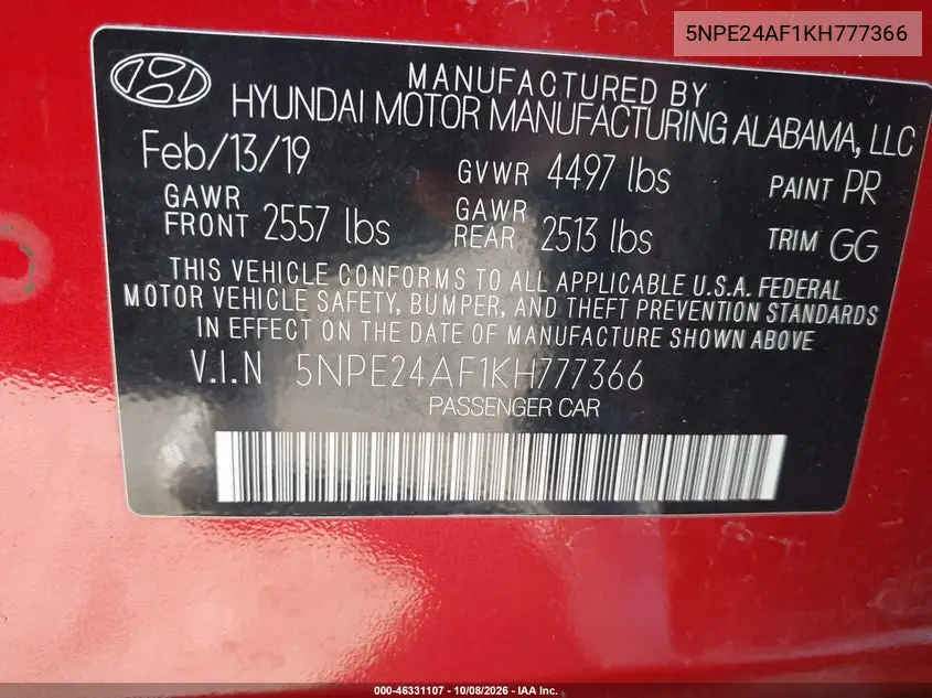 2019 HYUNDAI SONATA VIN 5NPE24AF1KH777366 — фото 9