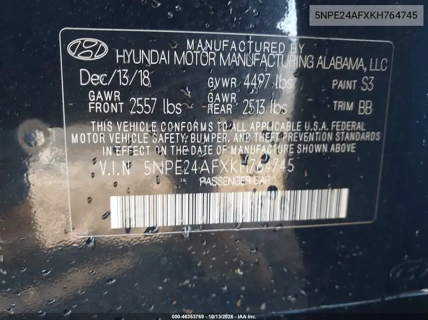 2019 HYUNDAI SONATA VIN 5NPE24AFXKH764745 — фото 9
