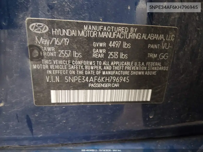 2019 HYUNDAI SONATA VIN 5NPE34AF6KH796945 — фото 9