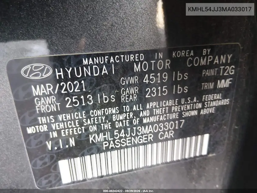 2021 HYUNDAI SONATA VIN KMHL54JJ3MA033017 — фото 9