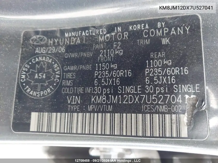 2007 HYUNDAI TUCSON VIN KM8JM12DX7U527041 — фото 19